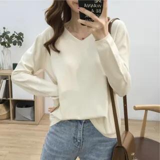 Long-Sleeve V-Neck Knit Top Camel by Weelop