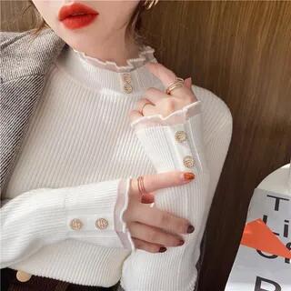 Mock Neck Plain Ribbed Sweater White by MIKIGA