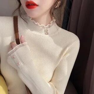Mock Neck Plain Ribbed Sweater Almond by MIKIGA