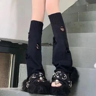 Distressed Knit Leg Warmers Ripped Edition - Black by Gentiana