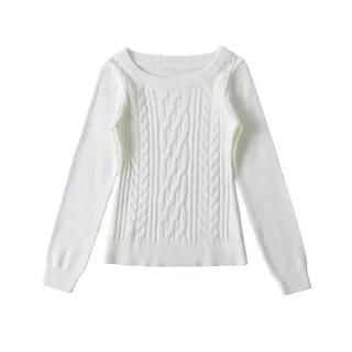 One-Shoulder Long-Sleeve Plain Cable Knit Sweater White by Asiris