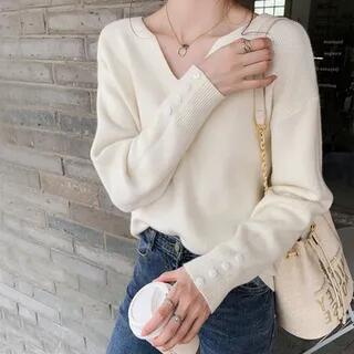 Long-Sleeve V-Neck Ribbed Knit Top Almond by Essere
