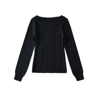 One-Shoulder Long-Sleeve Plain Cable Knit Sweater Black by Asiris