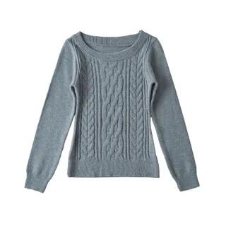One-Shoulder Long-Sleeve Plain Cable Knit Sweater Gray by Asiris