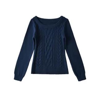 One-Shoulder Long-Sleeve Plain Cable Knit Sweater Navy Blue by Asiris