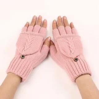 Cable Knit Fingerless Gloves with Flap Pink by Kinoxslone