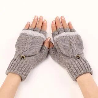 Cable Knit Fingerless Gloves with Flap Light Khaki by Kinoxslone
