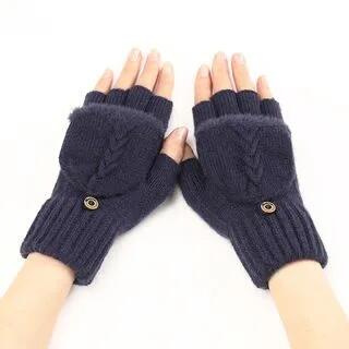 Cable Knit Fingerless Gloves with Flap Navy Blue by Kinoxslone