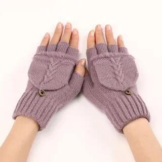 Cable Knit Fingerless Gloves with Flap Purple by Kinoxslone