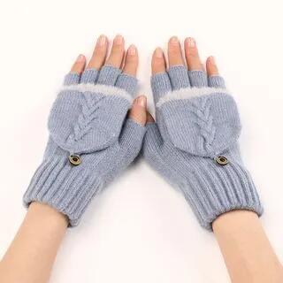 Cable Knit Fingerless Gloves with Flap Light Blue by Kinoxslone