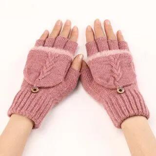 Cable Knit Fingerless Gloves with Flap Light Pink by Kinoxslone