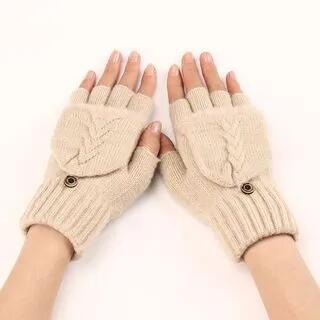 Cable Knit Fingerless Gloves with Flap Beige by Kinoxslone