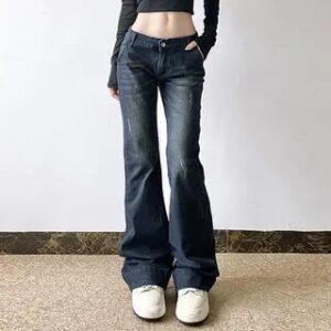 Low Waist Distressed Washed Bootcut Jeans Dark Blue 268971272