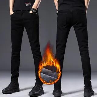 Mid Rise Plain Fleece-Lined Skinny Jeans FL902 - With Lining - Black by Nataro
