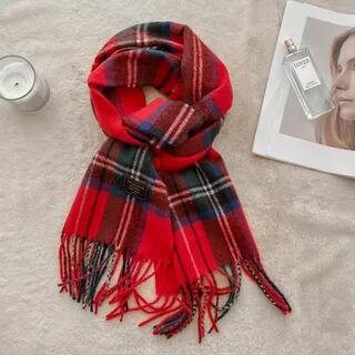 Plaid Fringe Scarf 13 - Plaid - Red & Dark Blue by Frior