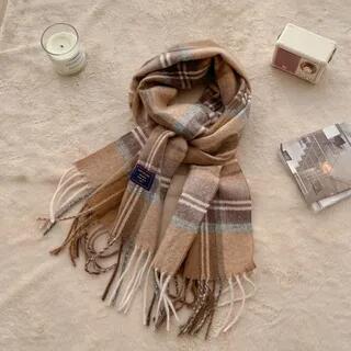 Plaid Fringe Scarf 01 - Plaid - Khaki by Frior