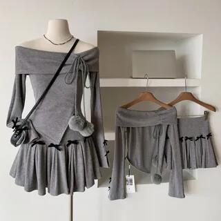 Set: Long-Sleeve Off Shoulder Asymmetrical Top + Mini Skirt Set of 2 - Top & Skirt - Gray by Dute
