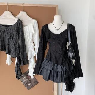 Long-Sleeve Scoop Neck Plain Ruffle Trim Asymmetrical Top Black by Dute