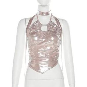 Halter-Neck Plain Metallic Cut-Out Slim-Fit Crop Camisole Top Pink 269843641