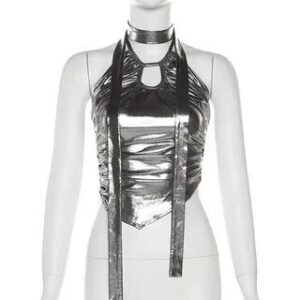 Halter-Neck Plain Metallic Cut-Out Slim-Fit Crop Camisole Top Silver 269843642