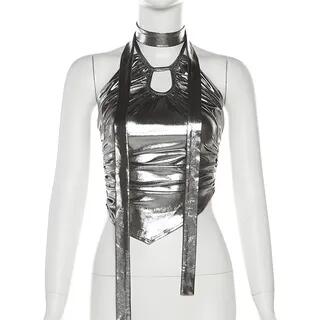 Halter-Neck Plain Metallic Cut-Out Slim-Fit Crop Camisole Top Silver by Sosana