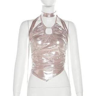 Halter-Neck Plain Metallic Cut-Out Slim-Fit Crop Camisole Top Pink by Sosana