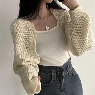 Plain Open Front Crop Cardigan Almond by Janerium