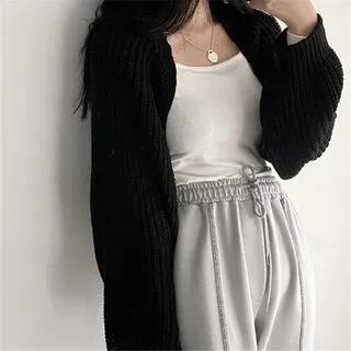 Plain Open Front Crop Cardigan Black by Janerium