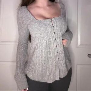 Long Sleeve Square-Neck Plain Cable-Knit Button-Up Slim-Fit Sweater Gray 272585873