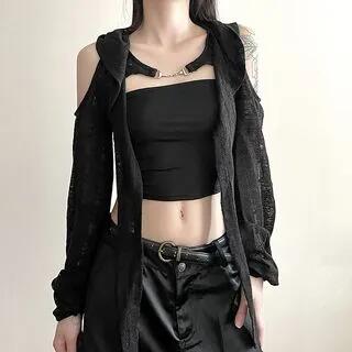 Long-Sleeve Cold-Shoulder Plain Hooded Crop Top Black by Sugarcoat