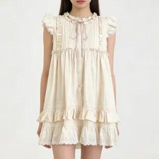 Ruffle Short-Sleeve Round Neck Eyelet Embroidery Mini A-Line Dress Almond by Sisyphi