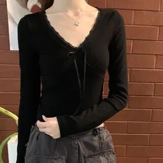 Long Sleeve V-Neck Plain Bow Panel Lace Top Black by Cloud Nine