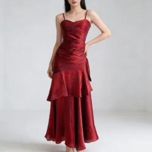 Spaghetti Strap V-Neck Plain Ruffle Panel Ruched Mermaid Evening Gown Red 274646113