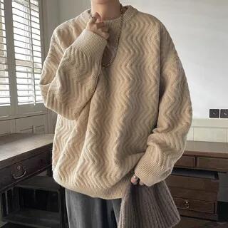 Wave-Pattern Crew-Neck Sweater D555 - Khaki by DuckleBeam