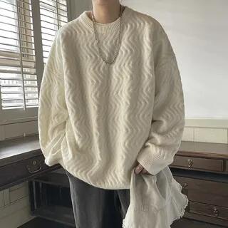 Wave-Pattern Crew-Neck Sweater D555 - White by DuckleBeam