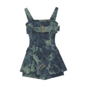 Detachable Strap Tie Dye Washed Pleated Belted Mini A-Line Denim Dress / Plain Bolero Detachable Strap - Denim Dress - Bluish Green 274898828