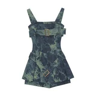 Detachable Strap Tie Dye Washed Pleated Belted Mini A-Line Denim Dress / Plain Bolero Detachable Strap - Denim Dress - Bluish Green by Jilliana