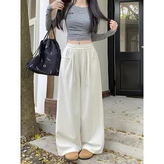Drawstring Waist Plain Wide Leg Sweatpants White by Melon Juice
