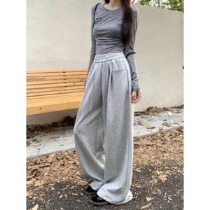 Drawstring Waist Plain Wide Leg Sweatpants Light Gray 274972994