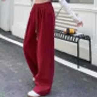 Drawstring Waist Plain Wide Leg Sweatpants Wine Red by Melon Juice