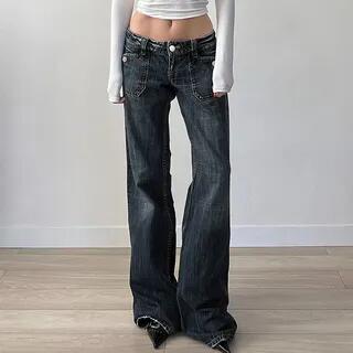 Low Rise Washed Flared Jeans Dark Blue by Sosana