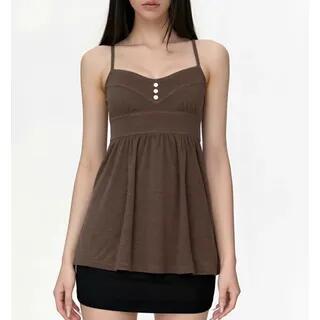 V-Neck Button Detail Plain Open-Back A-Line Camisole Top Brown by Sosana