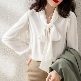 [L] Long-Sleeve Tie-Neck Plain Blouse White by JVL