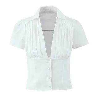 Short Sleeve V-Neck Plain Slim-Fit Crop Shirt / Low Rise Mini A-Line Skirt Top by Sosana