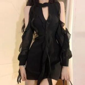 Cold Shoulder Keyhole Neck Ruffle Trim Bodycon Mini Dress Black 275328027