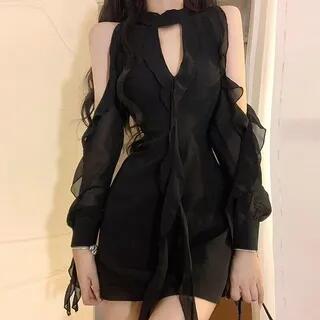 Cold Shoulder Keyhole Neck Ruffle Trim Bodycon Mini Dress Black by Shinsei