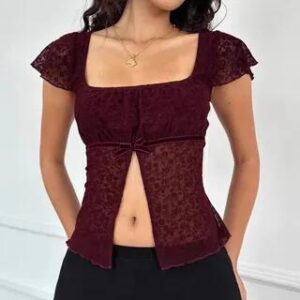 Cap Sleeve Square-Neck Plain Lace Slit Crop Top Wine Red 275328031