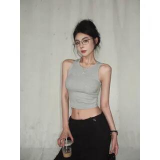 Open-Back Crew-Neck Crop Tank Top without Pad - Gray by Strawolf