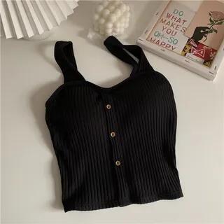 Plain Button Ribbed Padded Cami Top Black by DIYI