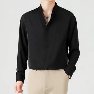 Long Sleeve Band Collar Plain Button Shirt Black by Phoneus